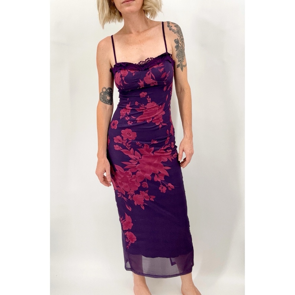 Floral Babydoll Midi Dress Fairy Bodycon Purple Lace Up Back Y2K Whimsigoth Sm